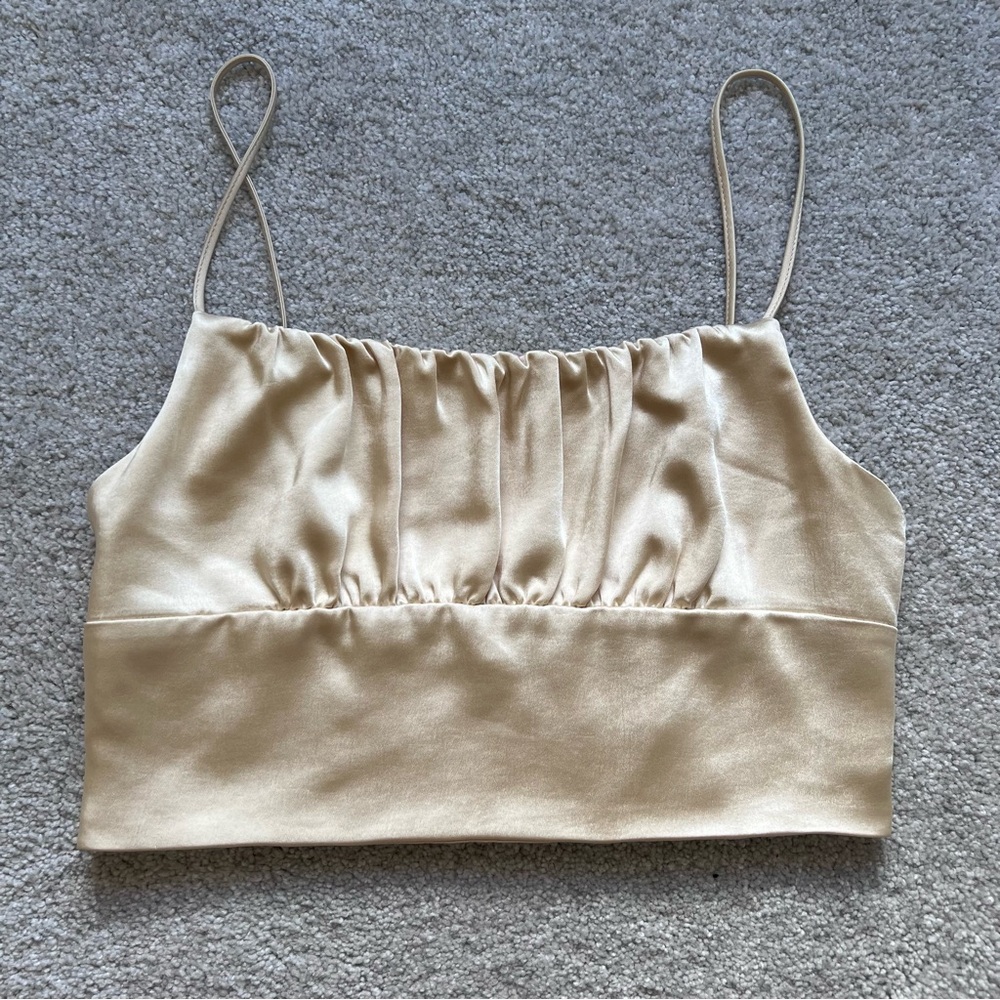 Zara Champagne Gold Satin Ruched Cami Crop Top